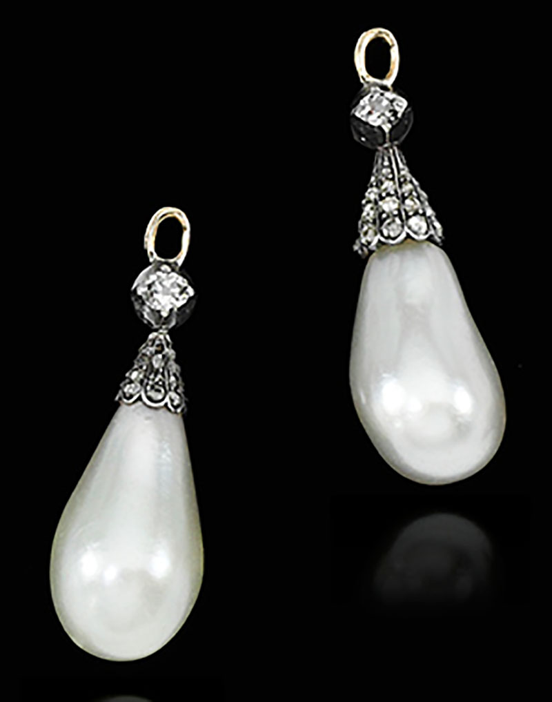 5.PAIR OF NATURAL PEARL AND DIAMOND PENDANT EARRINGS, 19TH CENTURY