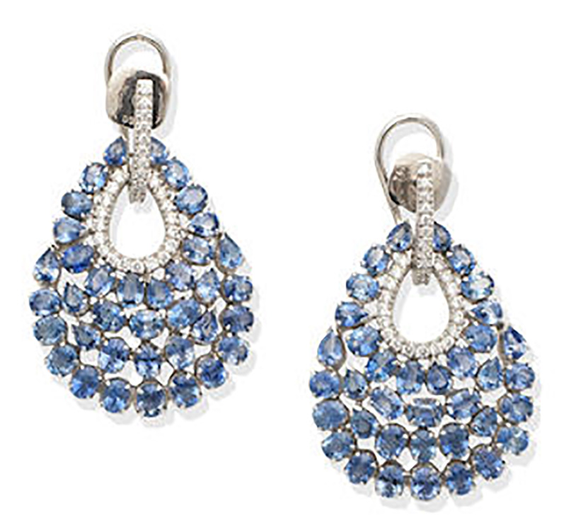 LOT 145 - A PAIR OF SAPPHIRE AND DIAMOND PENDENT EARRINGS