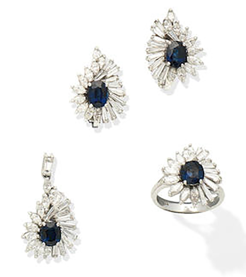 LOT 152 - A SAPPHIRE AND DIAMOND PENDANT, RING AND EARRING SUITE