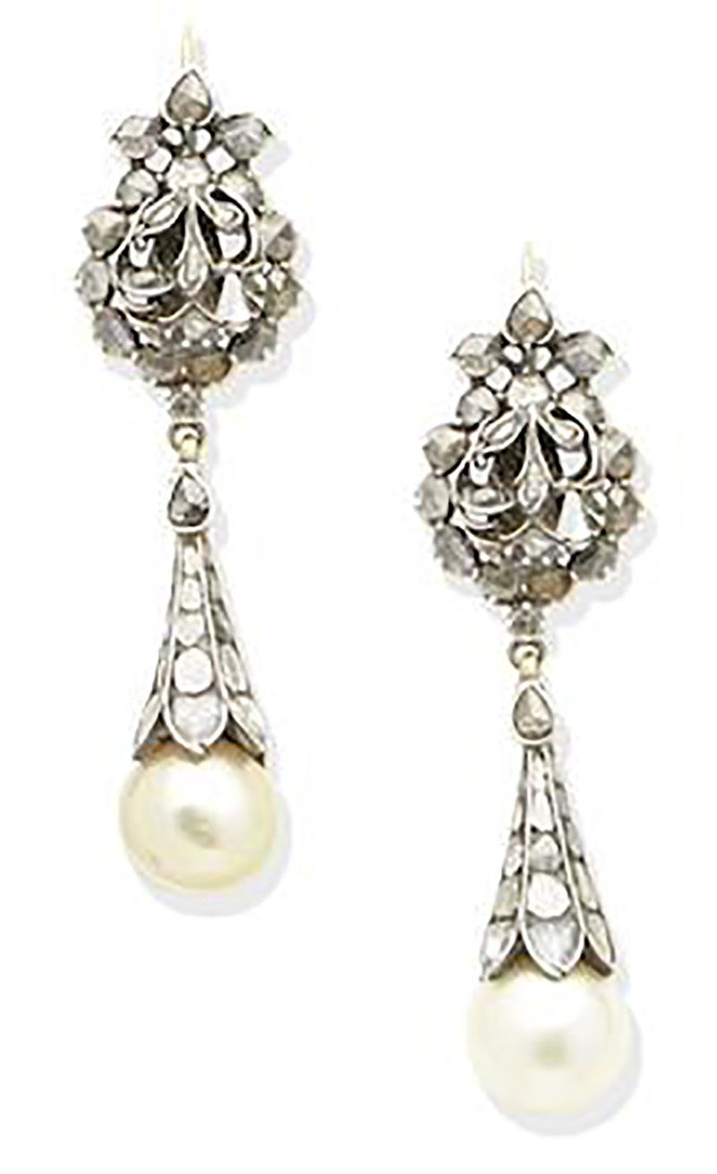 LOT 194 - A PAIR OF NATURAL PEARL AND DIAMOND PENDENT EARRINGS
