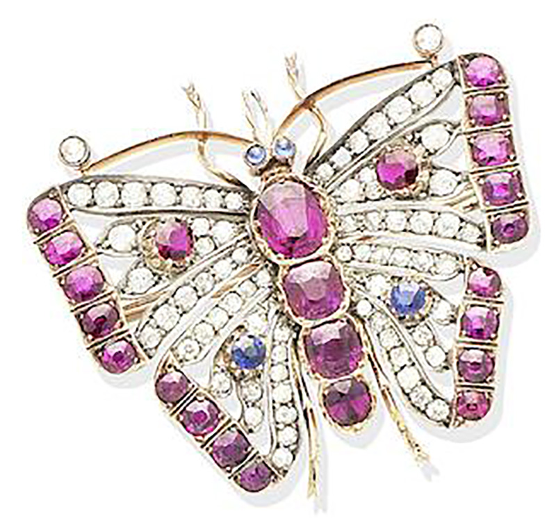 LOT 240 - A RUBY, SAPPHIRE AND DIAMOND BUTTERFLY BROOCH, CIRCA 1890 