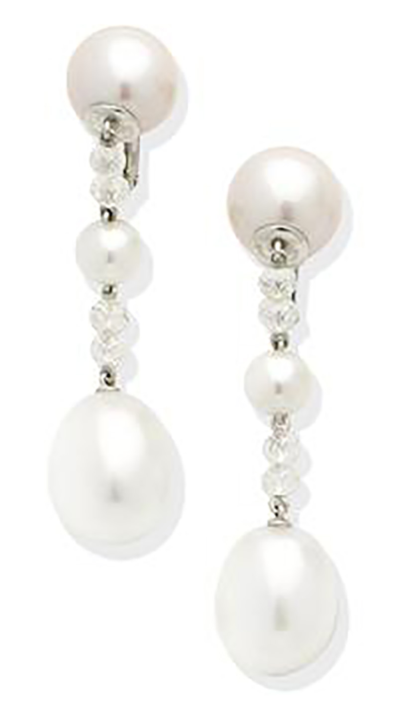 Lot 297 - A PAIR OF CULTURED PEARL AND DIAMOND PENDENT EARRINGS, by Chaumet
