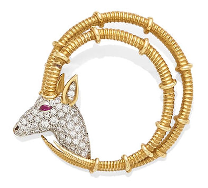 LOT 392 - A DIAMOND, RUBY AND 18K BI-COLOR GOLD 'IBEX' BROOCH, Schlumberger for Tiffany & Co.