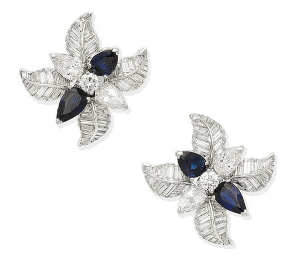 LOT 444 - A PAIR OF SAPPHIRE AND DIAMOND FLORAL EARCLIPS