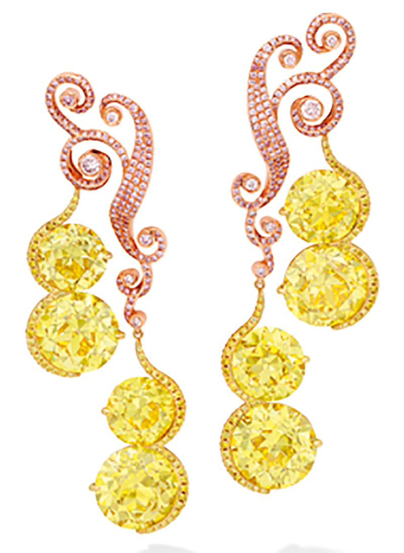 LOT 1858 - A SPECTACULAR PAIR OF FANCY VIVID YELLOW DIAMOND AND DIAMOND PENDENT EARRINGS