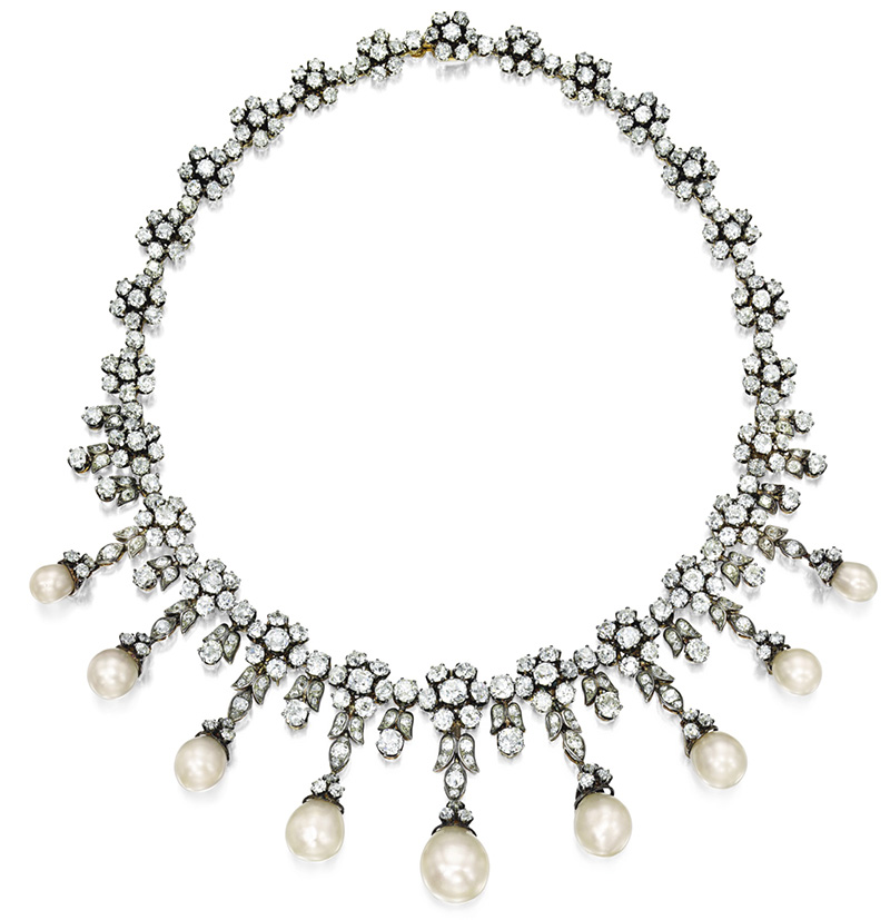 LOT 1682 - NATURAL PEARL AND DIAMOND NECKLACE, LATE 19TH CENTURY 