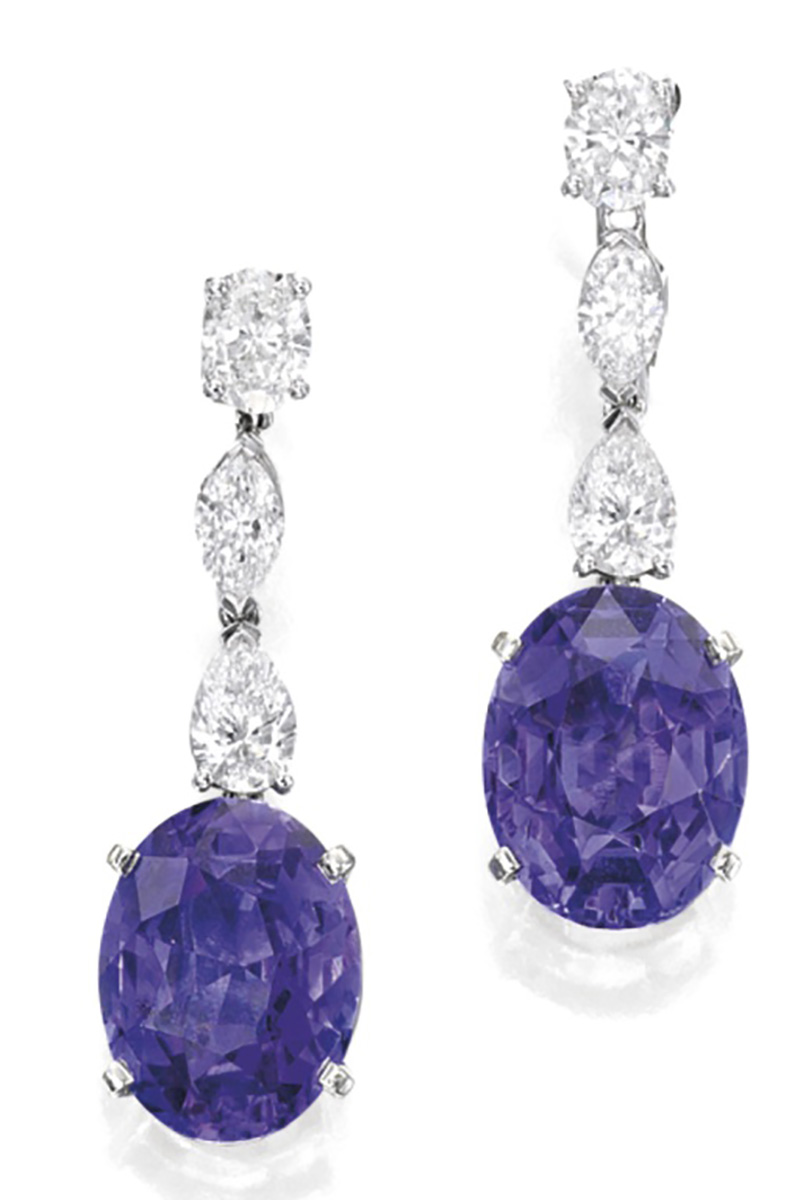 LOT 1814 - PAIR OF PURPLE SAPPHIRE AND DIAMOND PENDENT EARRINGS, CARTIER