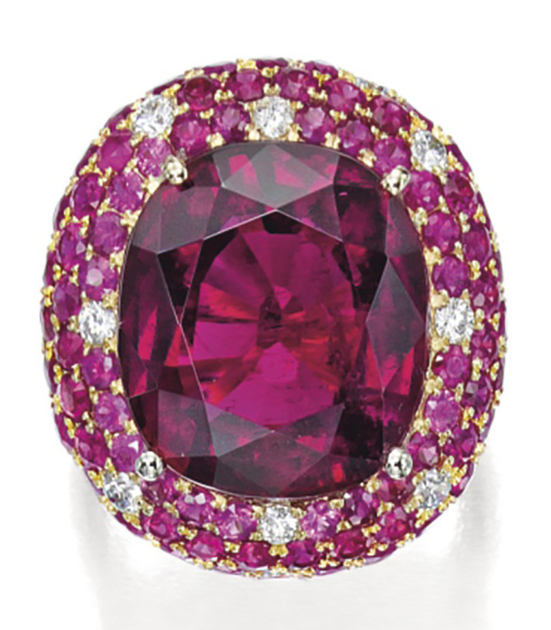 LOT 1816 - RUBELLITE, RUBY AND DIAMOND RING