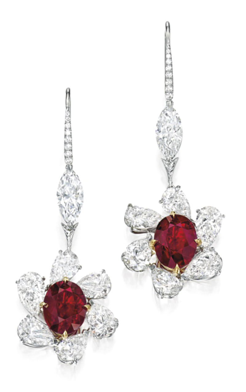 LOT 1852 - PAIR OF RUBY AND DIAMOND PENDENT EARRINGS