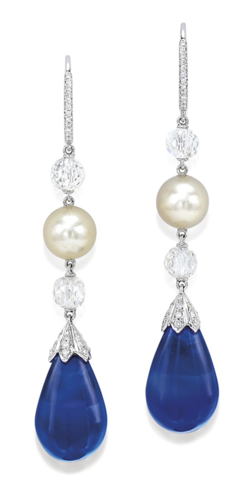 LOT 1889 - A UNIQUE PAIR OF SAPPHIRE, PEARL AND DIAMOND PENDENT EARRINGS