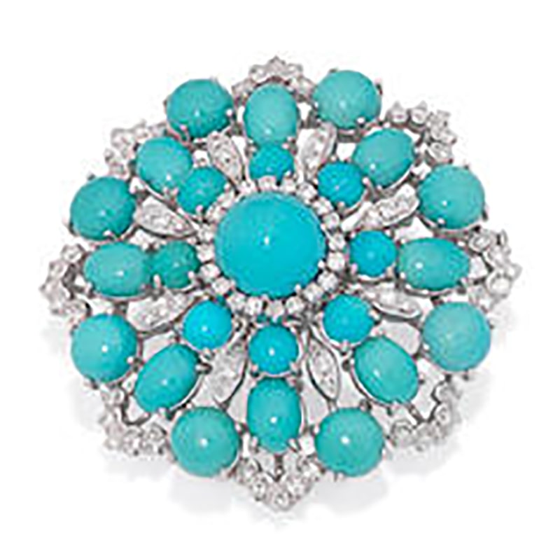 LOT 241 - A TURQUOISE AND DIAMOND BROOCH AND RING SUITE 
