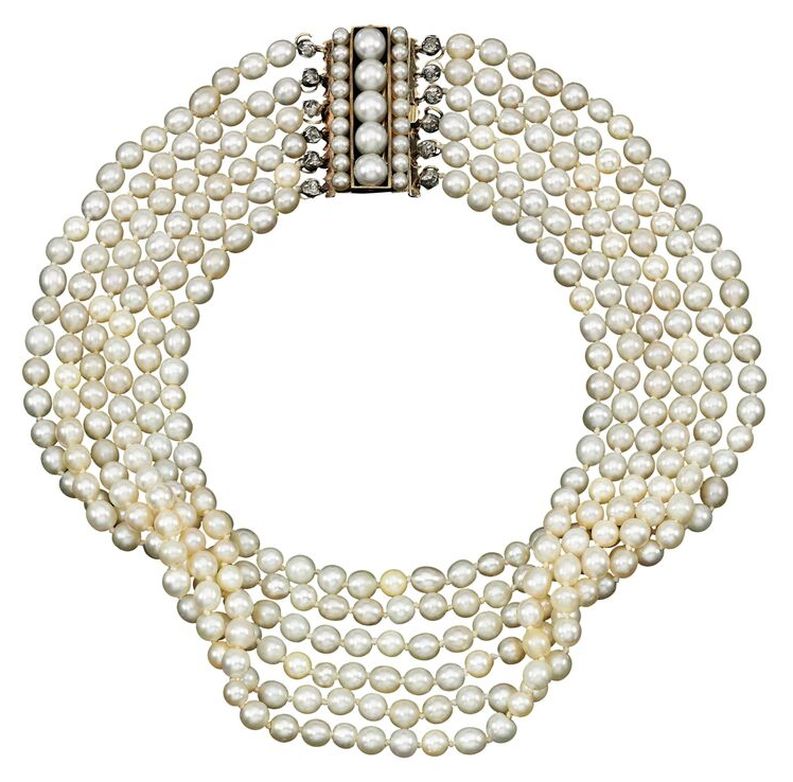 NATURAL PEARL CLASP AND A CULTURED PEARL AND DIAMOND MULTI-STRAND PEARL NECKLACE