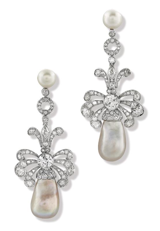Lot 39 - A Pair of Important Platinum Ear Pendants Set With Diamonds and Pearls