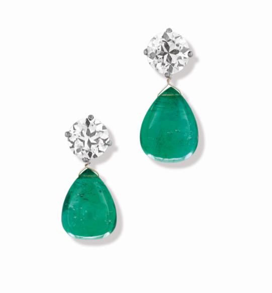 Lot 49 - An Important Pair of Diamond and Emerald Ear Pendants, circa 1940 