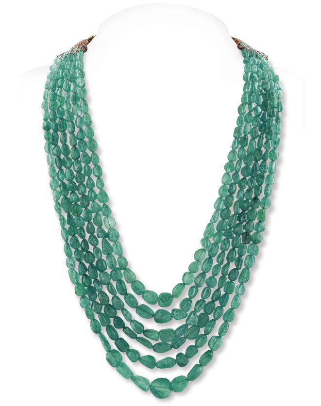 Lot 1 - A COLOMBIAN EMERALD TUMBLE BEAD NECKLACE