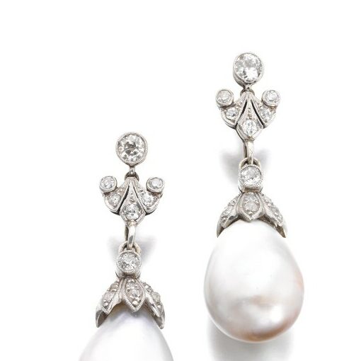Lot 436 - Pair of natural pearl and diamond earrings